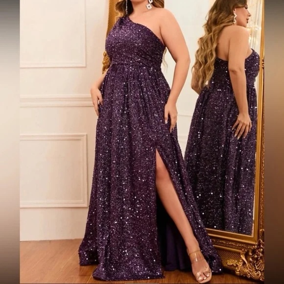 Plus Sequin One Shoulder A-line party Formal Party Wedding Dress - Picture 4 of 16